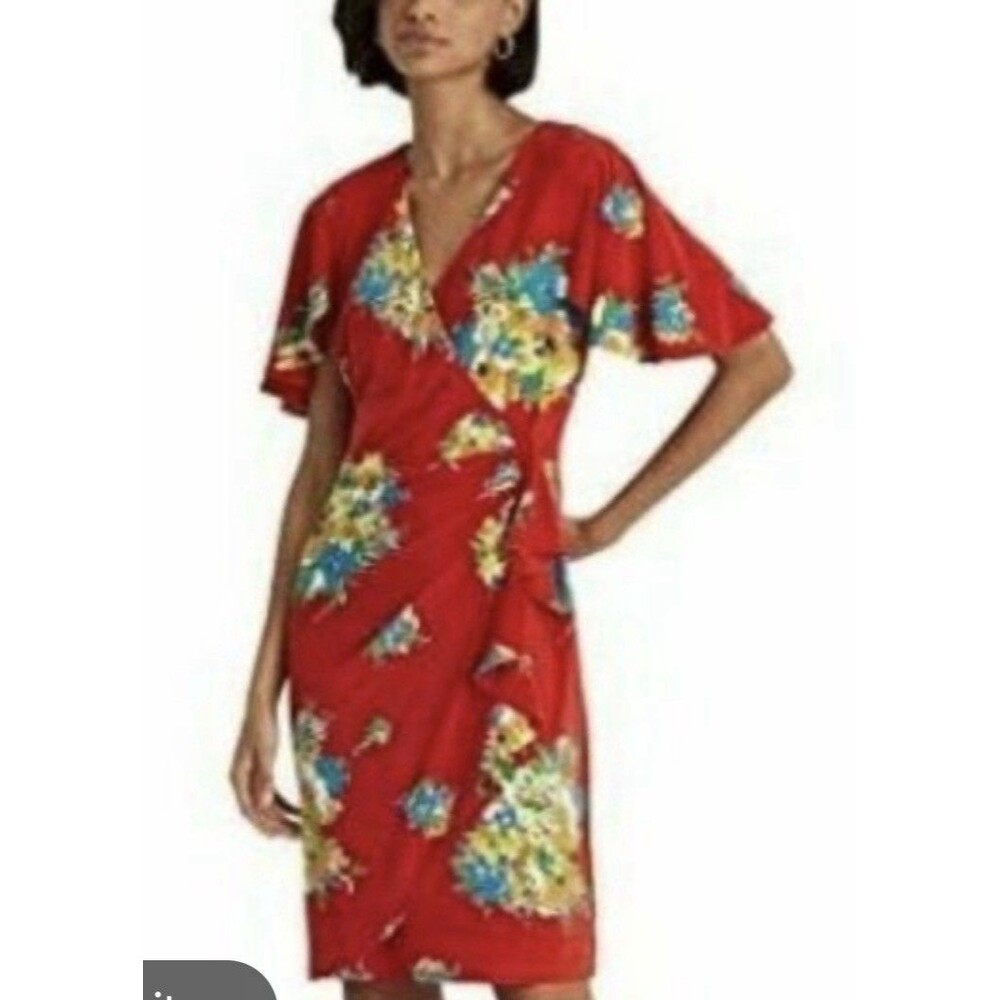 Lauren Ralph Lauren Red Floral Dress Size 12 Flutter Sleeve Faux Wrap